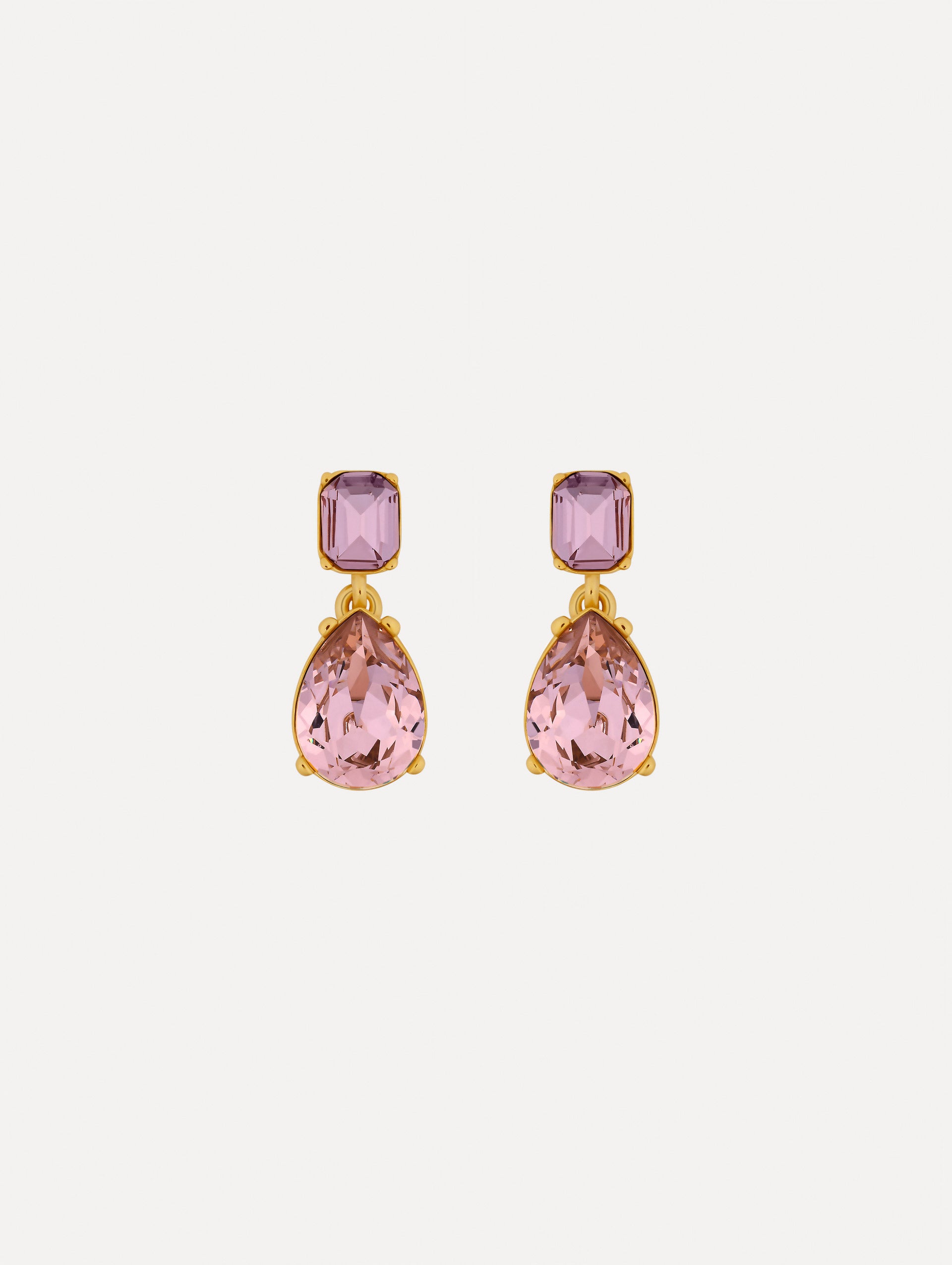 Gold Crystal Drop Earrings with square lilac studs and teardrop blush pink crystals.