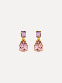 Gold Crystal Drop Earrings with square lilac studs and teardrop blush pink crystals.
