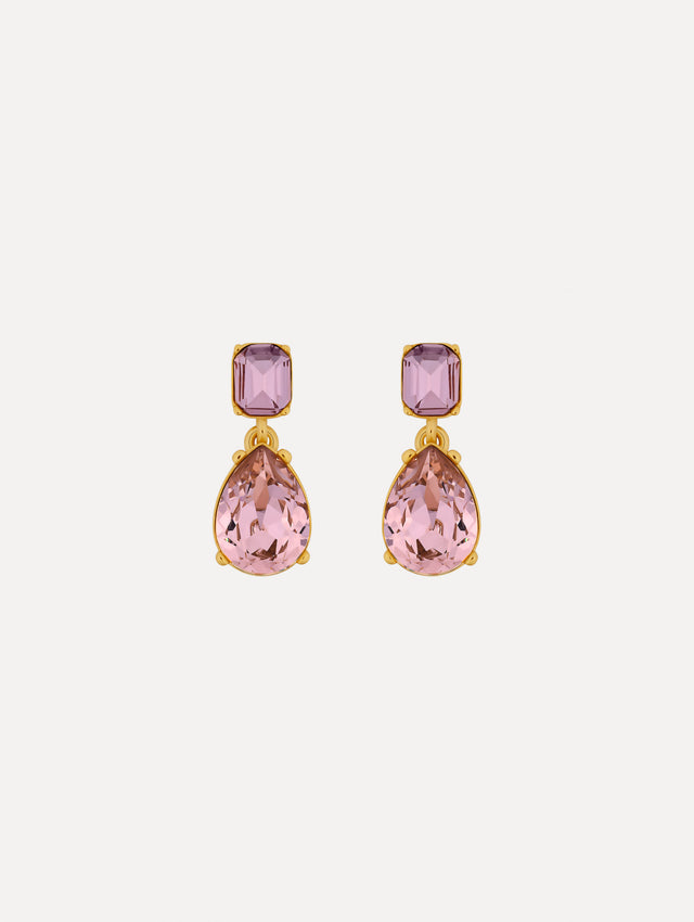 Gold Crystal Drop Earrings with square lilac studs and teardrop blush pink crystals.