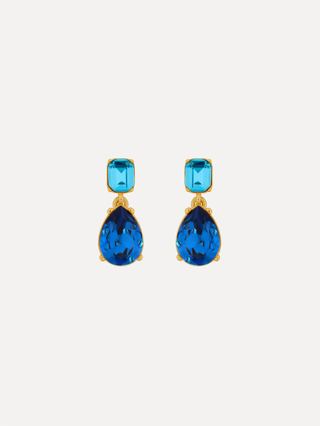 Gold Crystal Drop Earrings with square aqua studs and teardrop sapphire blue crystals.