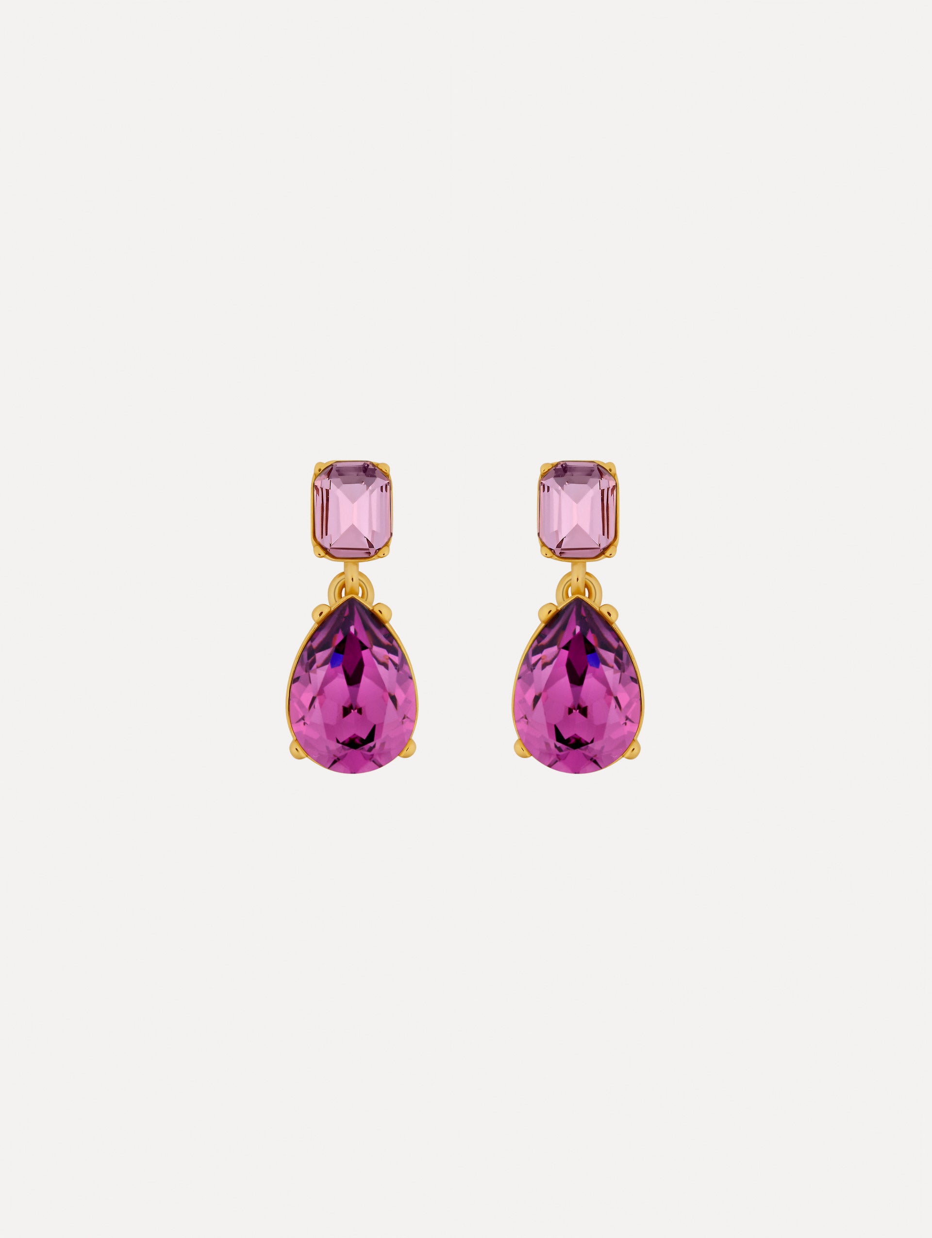 Purple Crystal Drop Earrings with rectangular lilac crystal studs and teardrop-shaped amethyst purple pendants.