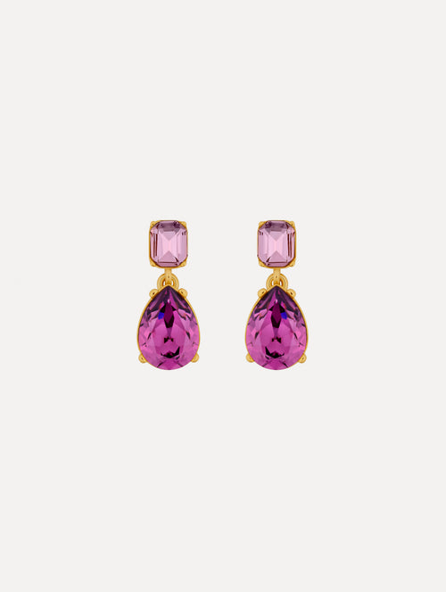 Purple Crystal Drop Earrings with rectangular lilac crystal studs and teardrop-shaped amethyst purple pendants.