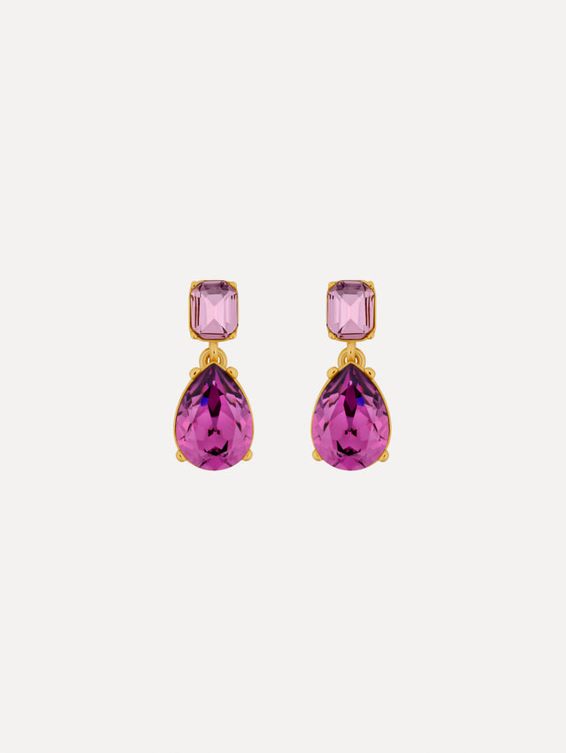 Purple Crystal Drop Earrings with rectangular lilac crystal studs and teardrop-shaped amethyst purple pendants.