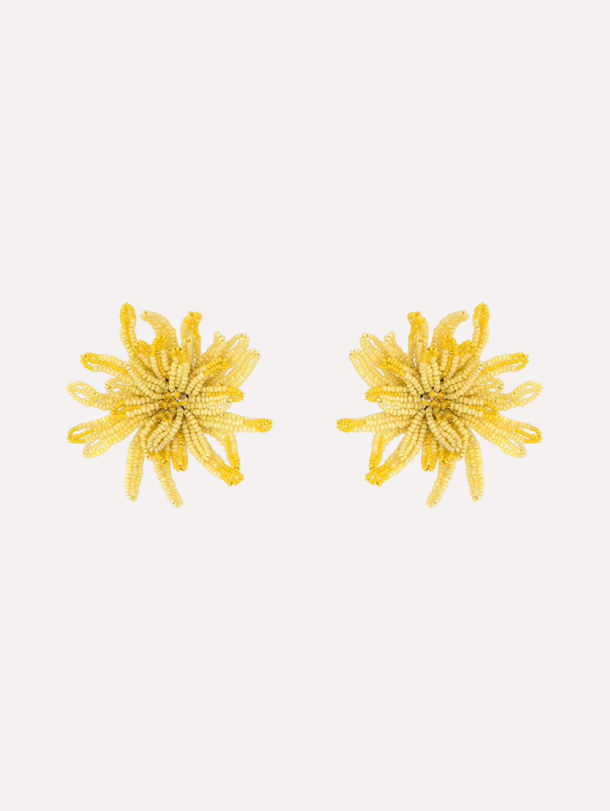 The image depicts beaded chrysanthemum earrings. Front view.