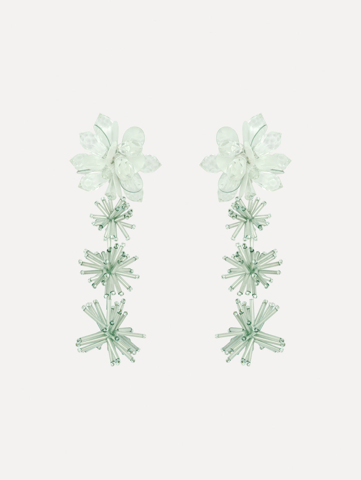 The image depicts bugle bead firework drop earrings. Front view.