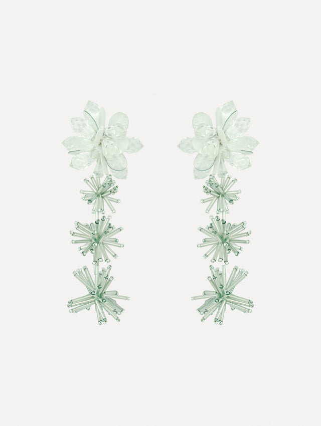 The image depicts bugle bead firework drop earrings. Front view.
