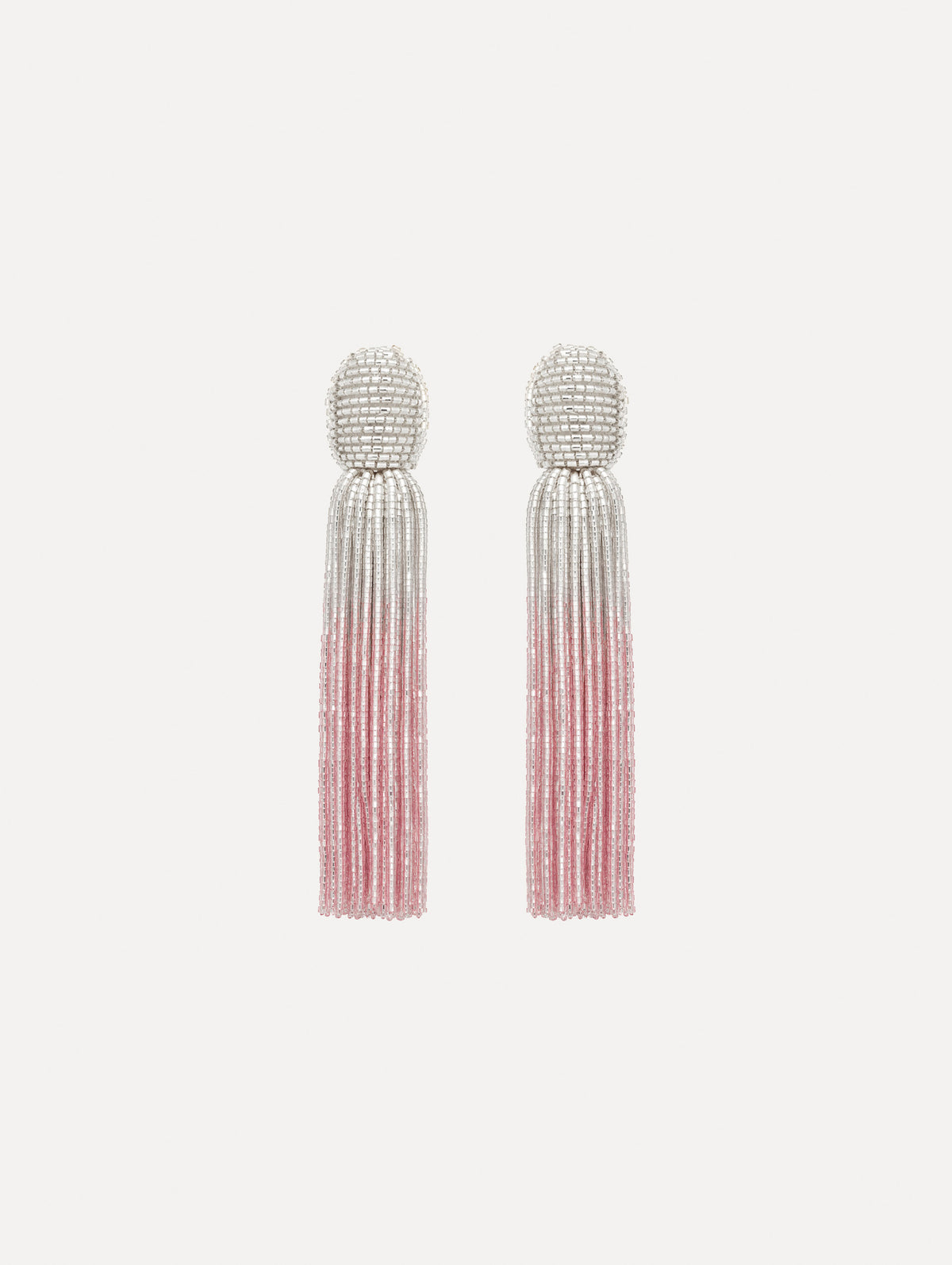 The image depicts ombre beaded tassel earrings. Front view.