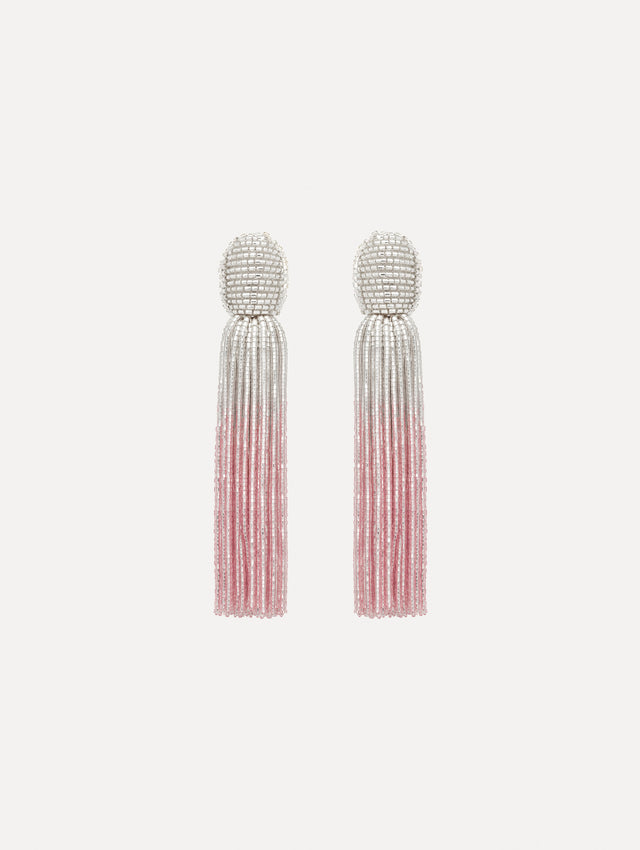 The image depicts ombre beaded tassel earrings. Front view.