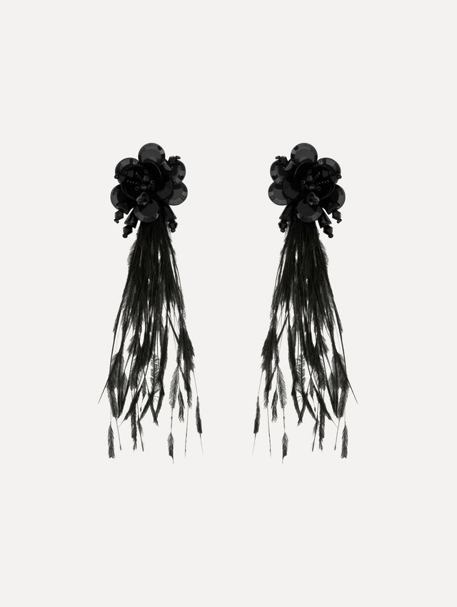 The image depicts feather fringe earrings. Front view.