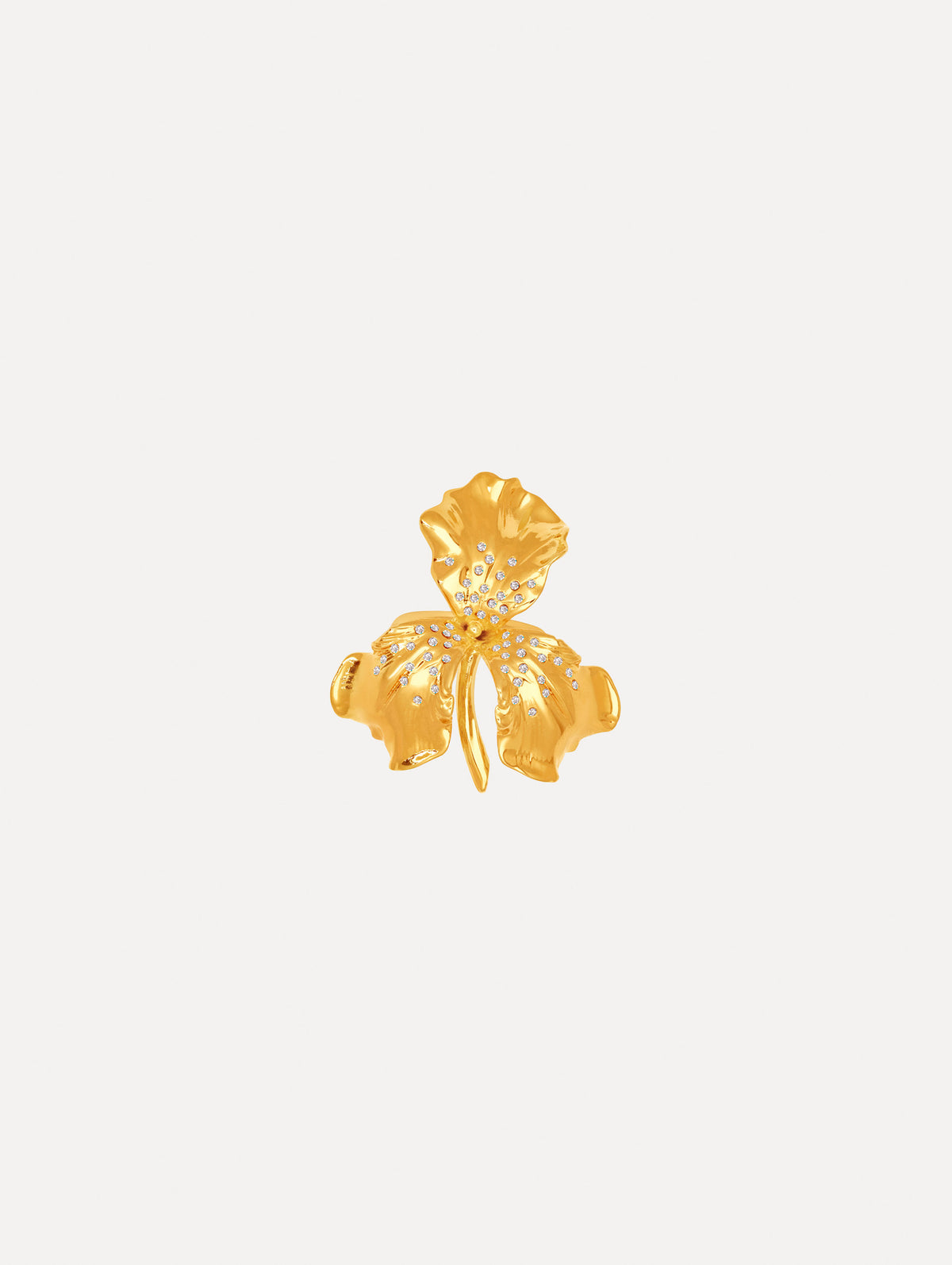 The model is wearing an iris flower ring. Back view.