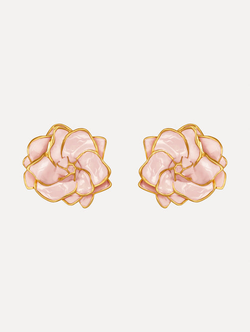 The image depicts large painted gardenia earrings. Front view.