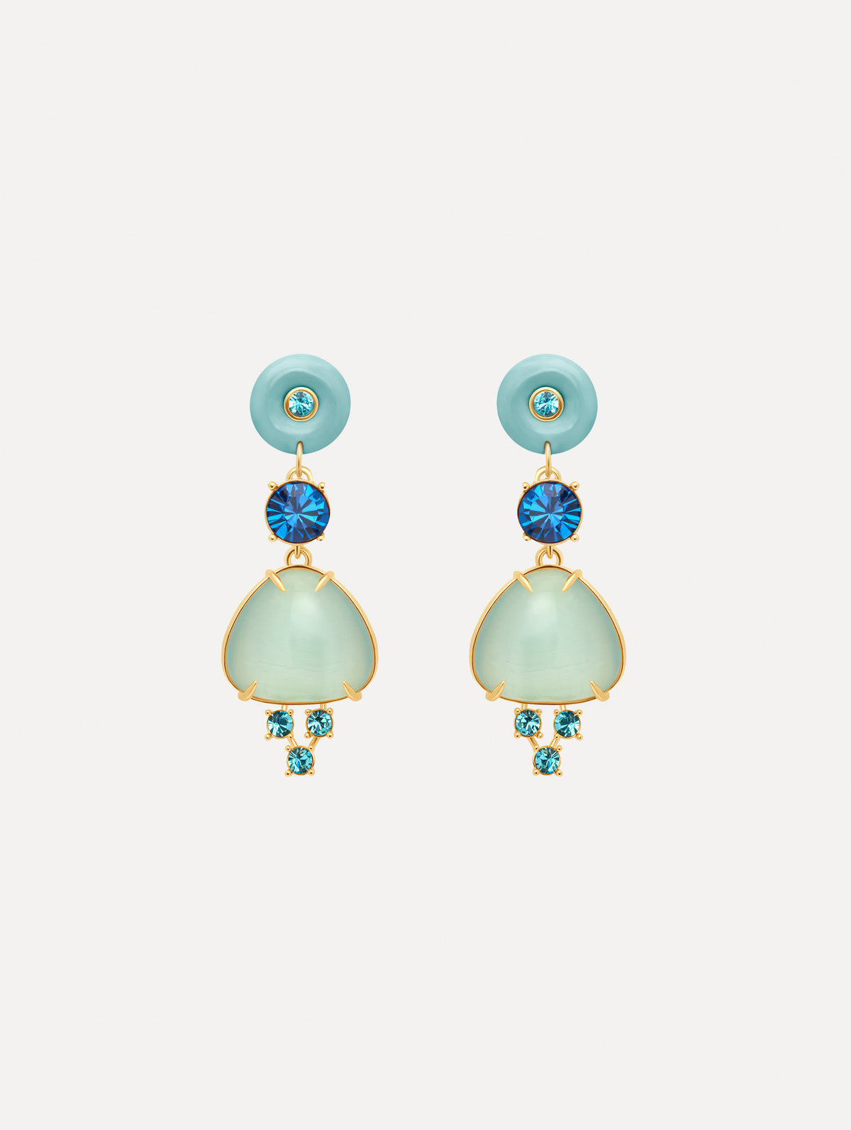 The image depicts cabochon drop crystal earrings. Front view.