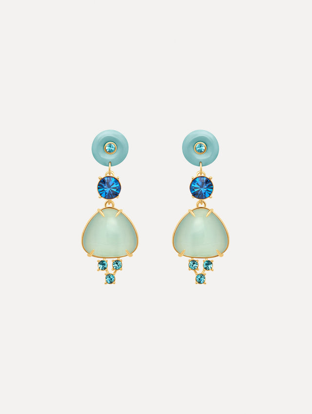 The image depicts cabochon drop crystal earrings. Front view.