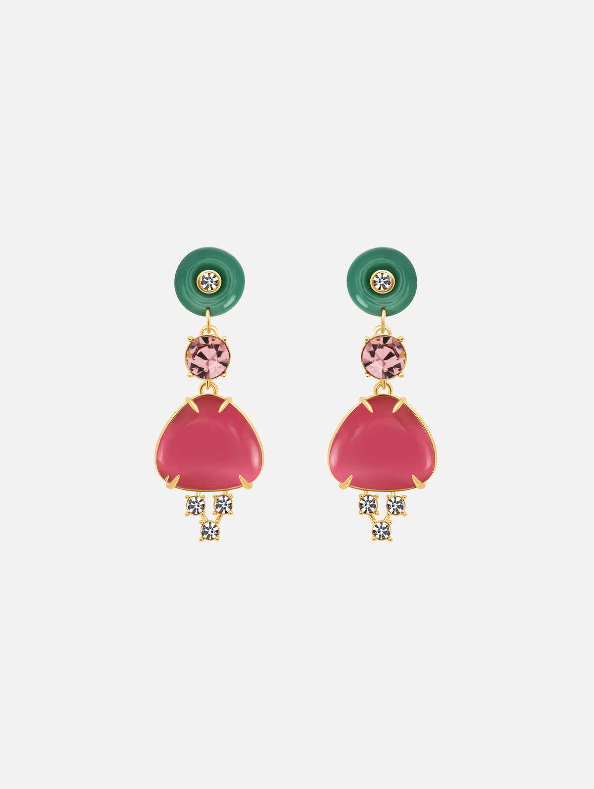 The image depicts cabochon drop crystal earrings. Front view.