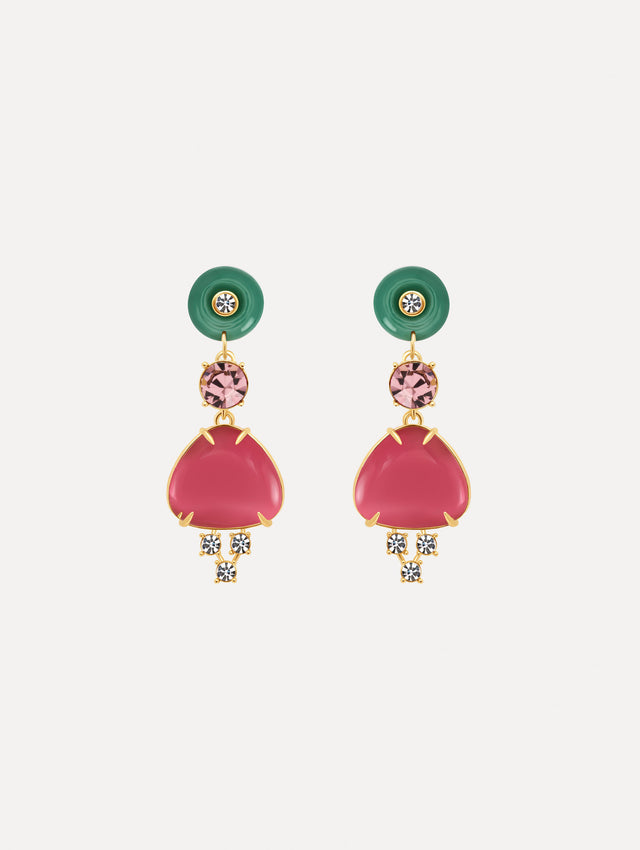 The image depicts cabochon drop crystal earrings. Front view.