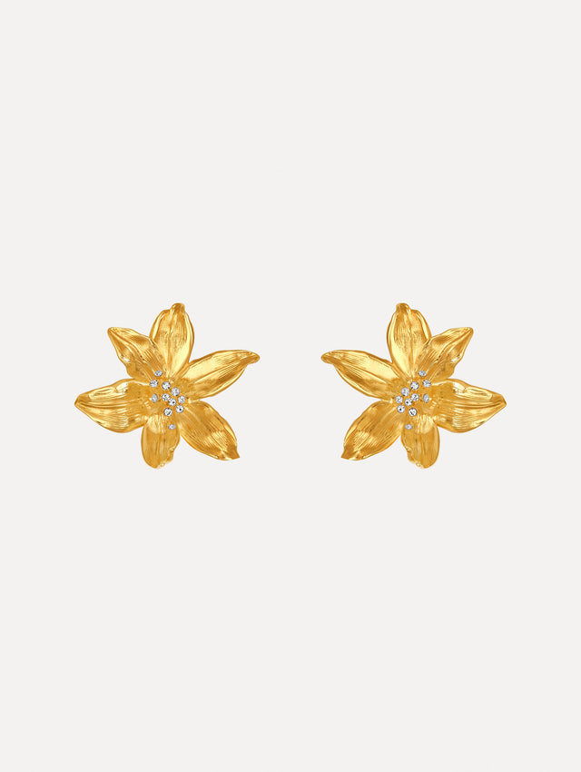 The image depicts lily flower earrings. Front view.