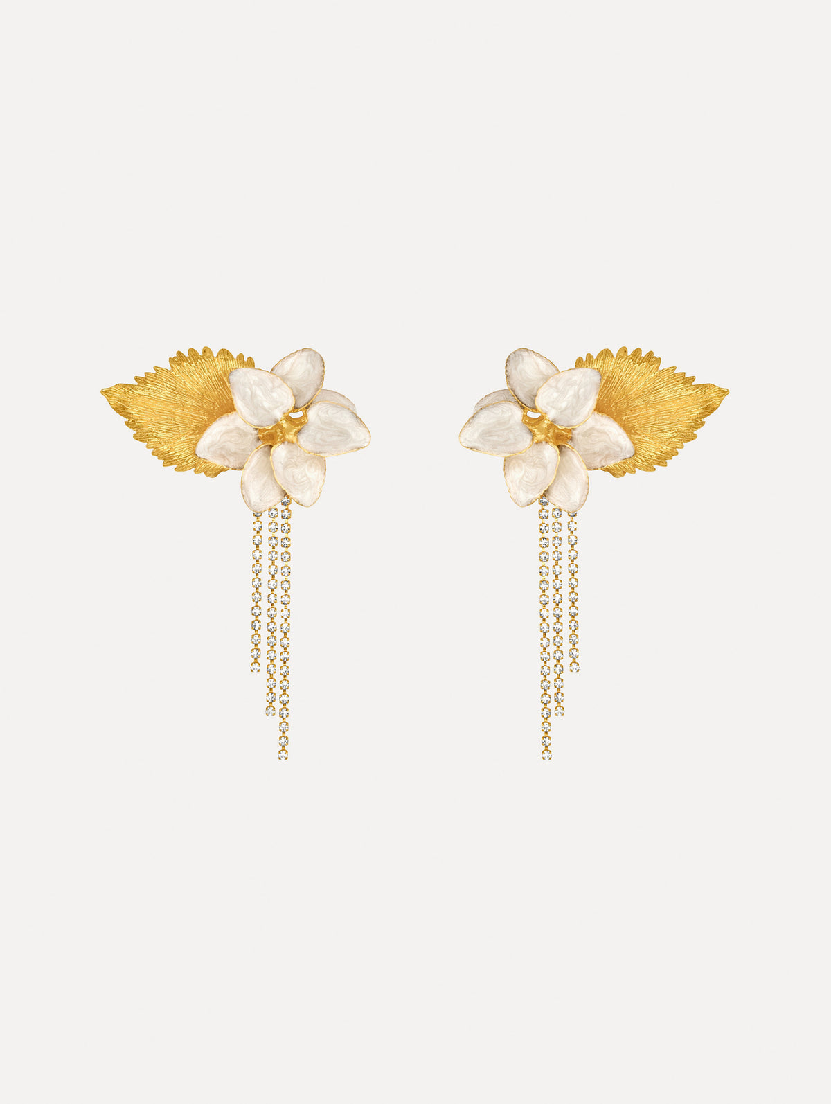 The image depicts pear flower chandelier earrings. Front view.
