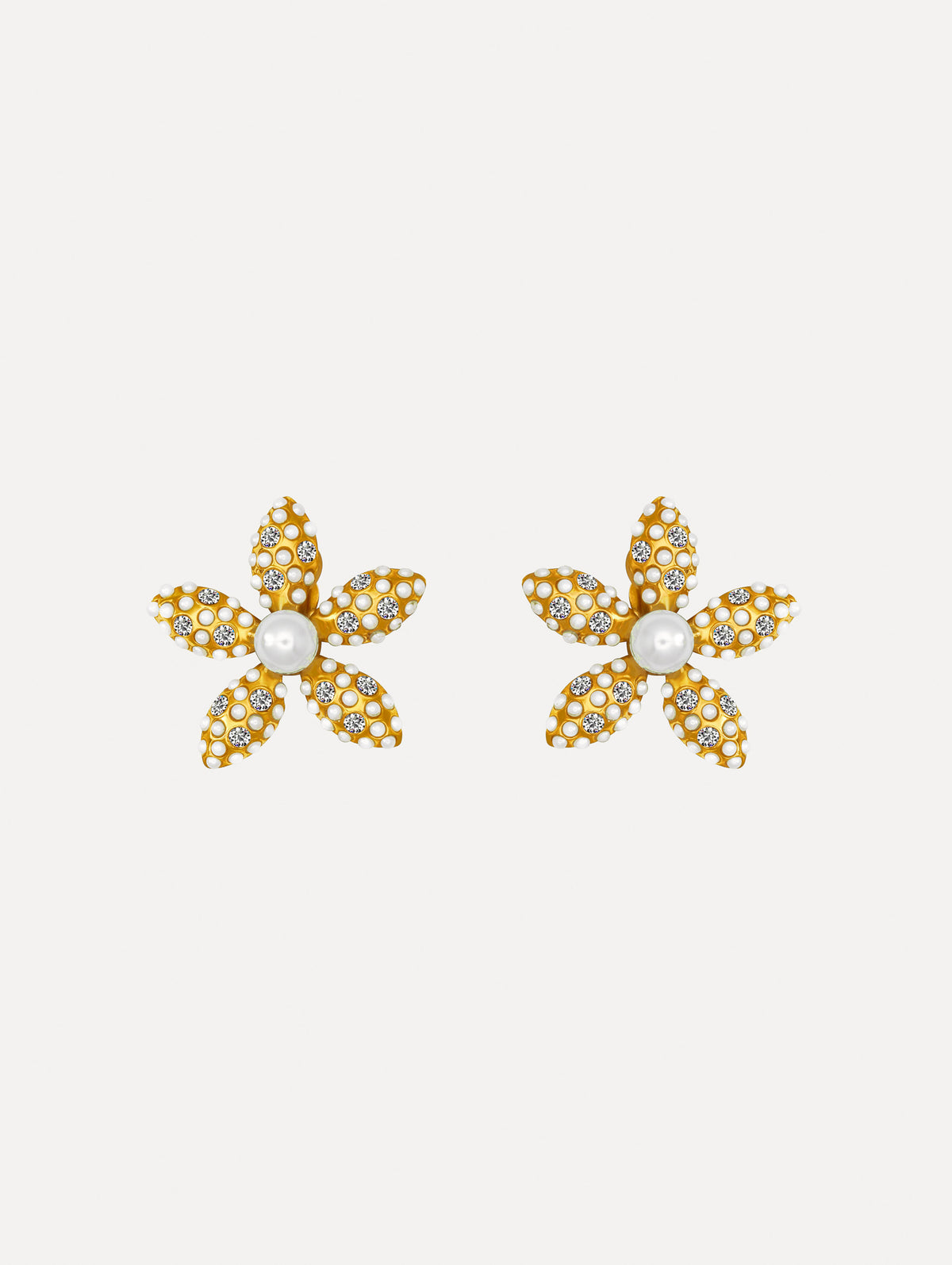 The image depicts large pearl flower earrings. Front view.