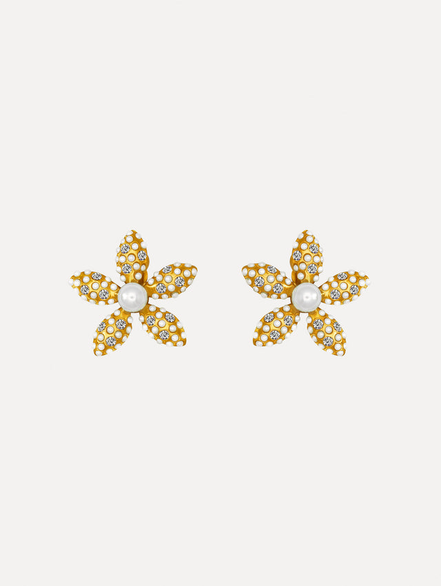 The image depicts large pearl flower earrings. Front view.
