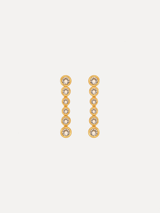 The image depicts crystal sphere drop earrings. Front view.