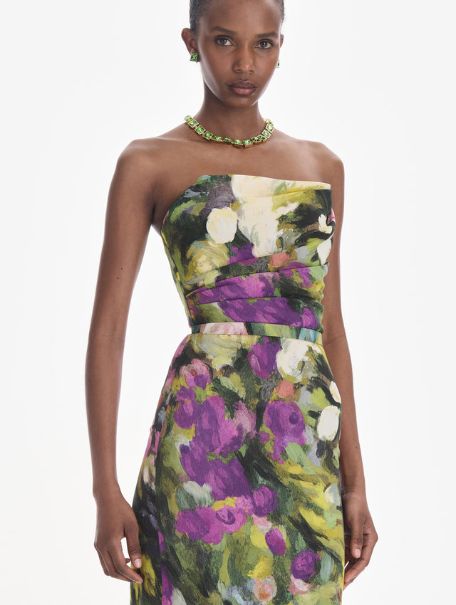 The model is wearing a strapless abstract garden faille gown. Zoom view.