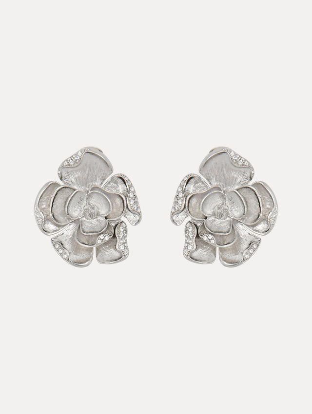 Large Silver Pavé Rose Clip-On Earrings Front View