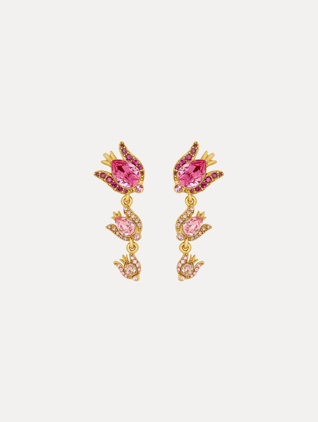 Pink Crystal Rose Three-Tier Drop Earrings Front View