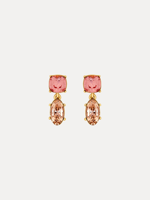 Double Crystal Drop Earrings with one pink circular gem and another oval gem in a lighter pink. Front View.