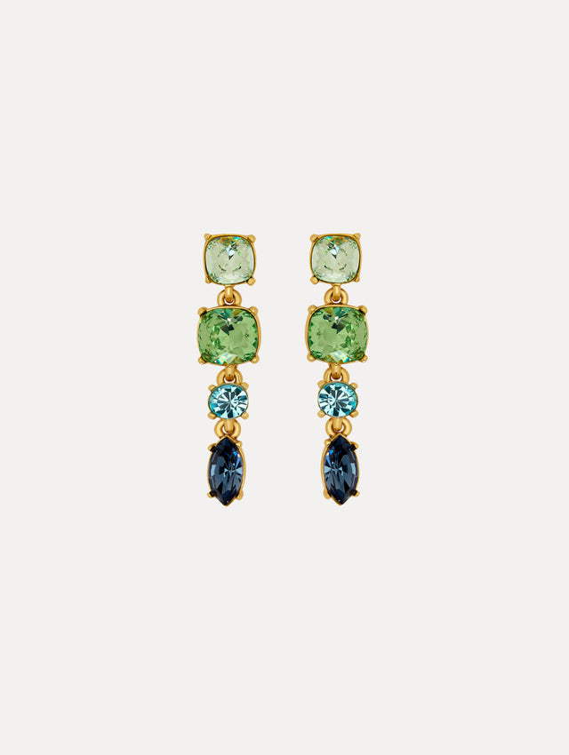 Four-tier drop earrings with two green gems and two blue gems in different shades. Front View