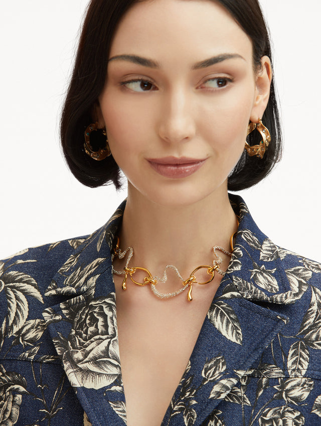 Pavé Heart and Gold O Chain-Link Necklace Front View