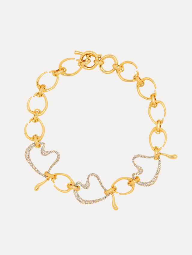 Pavé Heart with Crystals O Chain-Link Necklace in Gold Front View