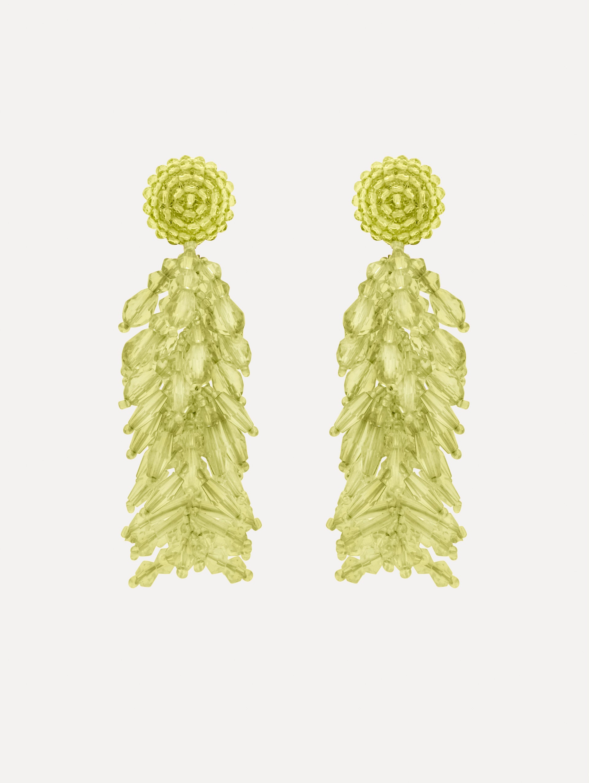 Green Beaded Cascade Tassel Clip-On Earrings with a beaded stud and cascading beaded tassel. Front View.