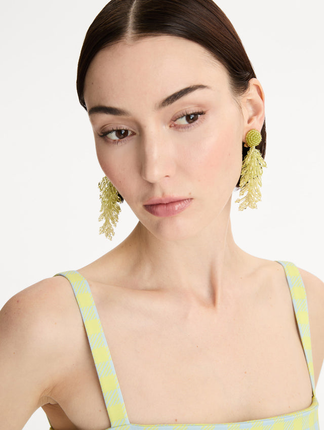 Green Beaded Cascade Tassel Clip-On Earrings with a beaded stud and cascading beaded tassel. Front View.