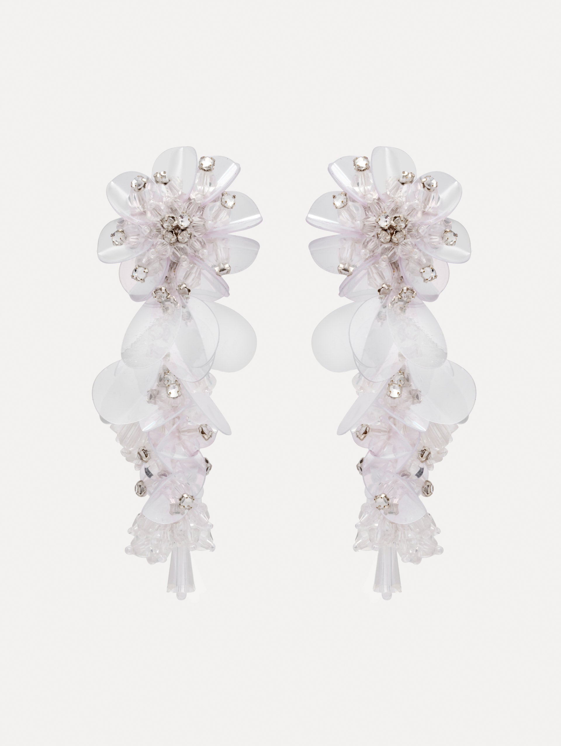 White Bouquet Drop Clip-On Earrings with clear and white iridescent cascading flower bouquet. Front View.