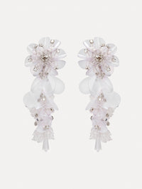White Bouquet Drop Clip-On Earrings with clear and white iridescent cascading flower bouquet. Front View.