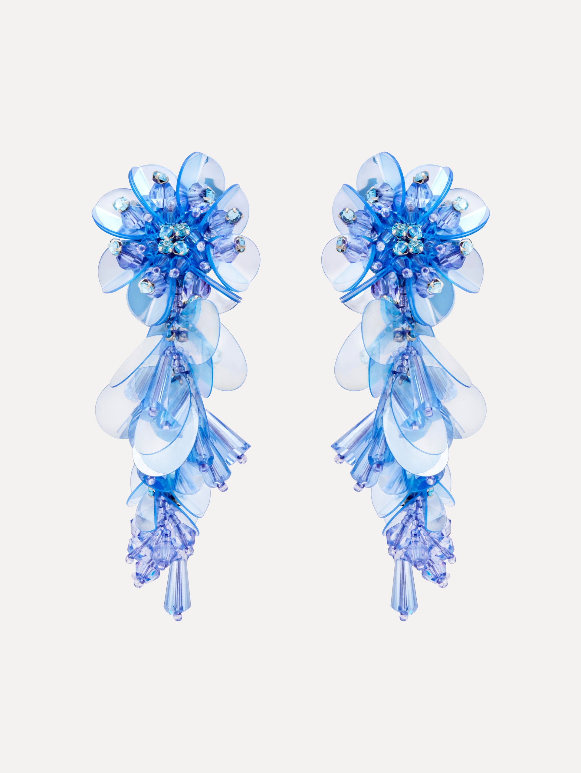 Blue Bouquet Drop Clip-On Earrings with blue cascading irredescent beaded flowers. Front View.