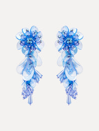 Blue Bouquet Drop Clip-On Earrings with blue cascading irredescent beaded flowers. Front View.
