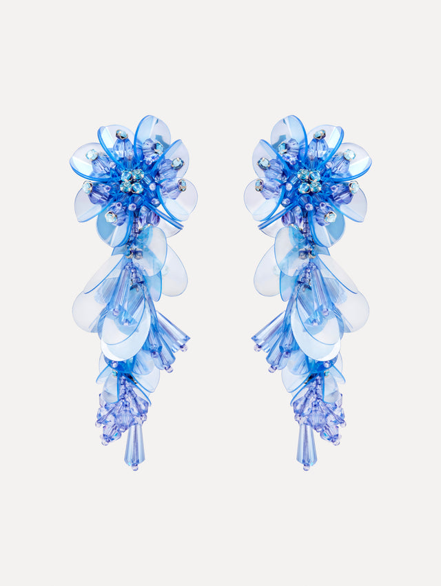 Blue Bouquet Drop Clip-On Earrings with blue cascading irredescent beaded flowers. Front View.