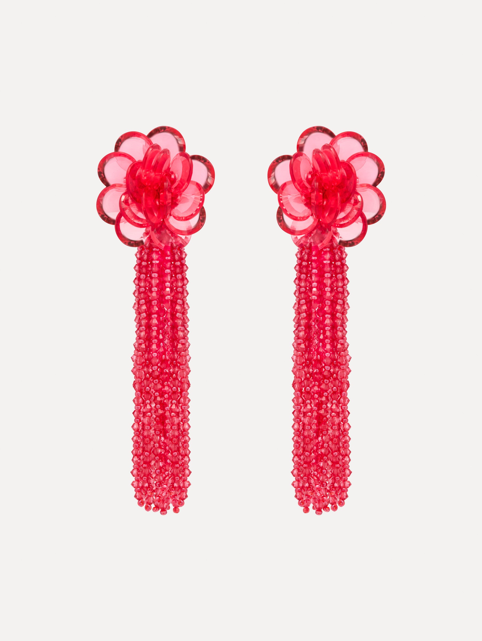 Rose Flower Chanelier Clip-On Earrings with a flower stud and cascading beaded tassel. Front View.