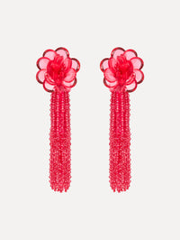 Rose Flower Chanelier Clip-On Earrings with a flower stud and cascading beaded tassel. Front View.
