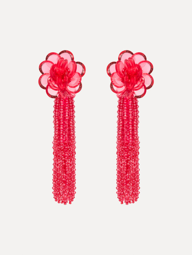 Rose Flower Chanelier Clip-On Earrings with a flower stud and cascading beaded tassel. Front View.