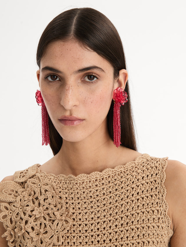 Rose Flower Chanelier Clip-On Earrings with a flower stud and cascading beaded tassel. Front View.