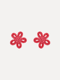 Pink Small Woven Raffia Flower Earrings with pink raffia in a flower shape. Front View.