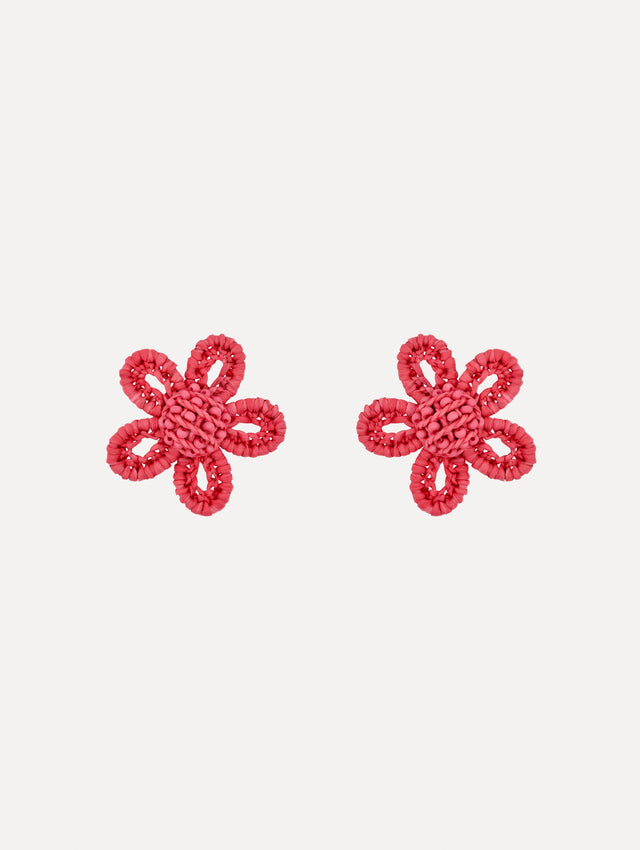 Pink Small Woven Raffia Flower Earrings with pink raffia in a flower shape. Front View.