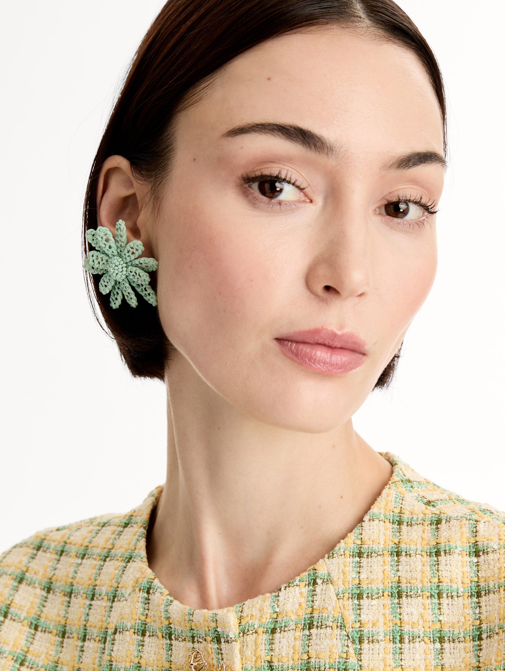 Aqua Large Woven Raffia Flower Earrings with aqua raffia in a flower shape. Front View. 