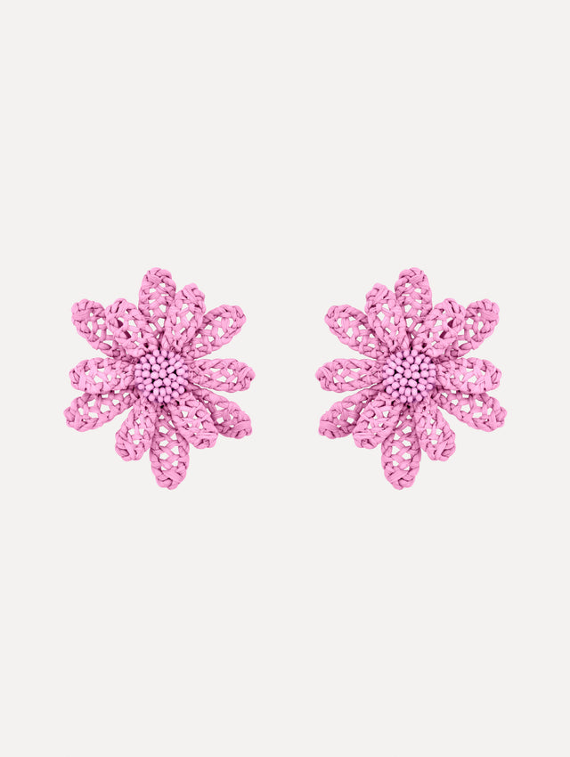Pink Large Woven Raffia Flower Earrings with pink raffia in a flower shape. Front View. 