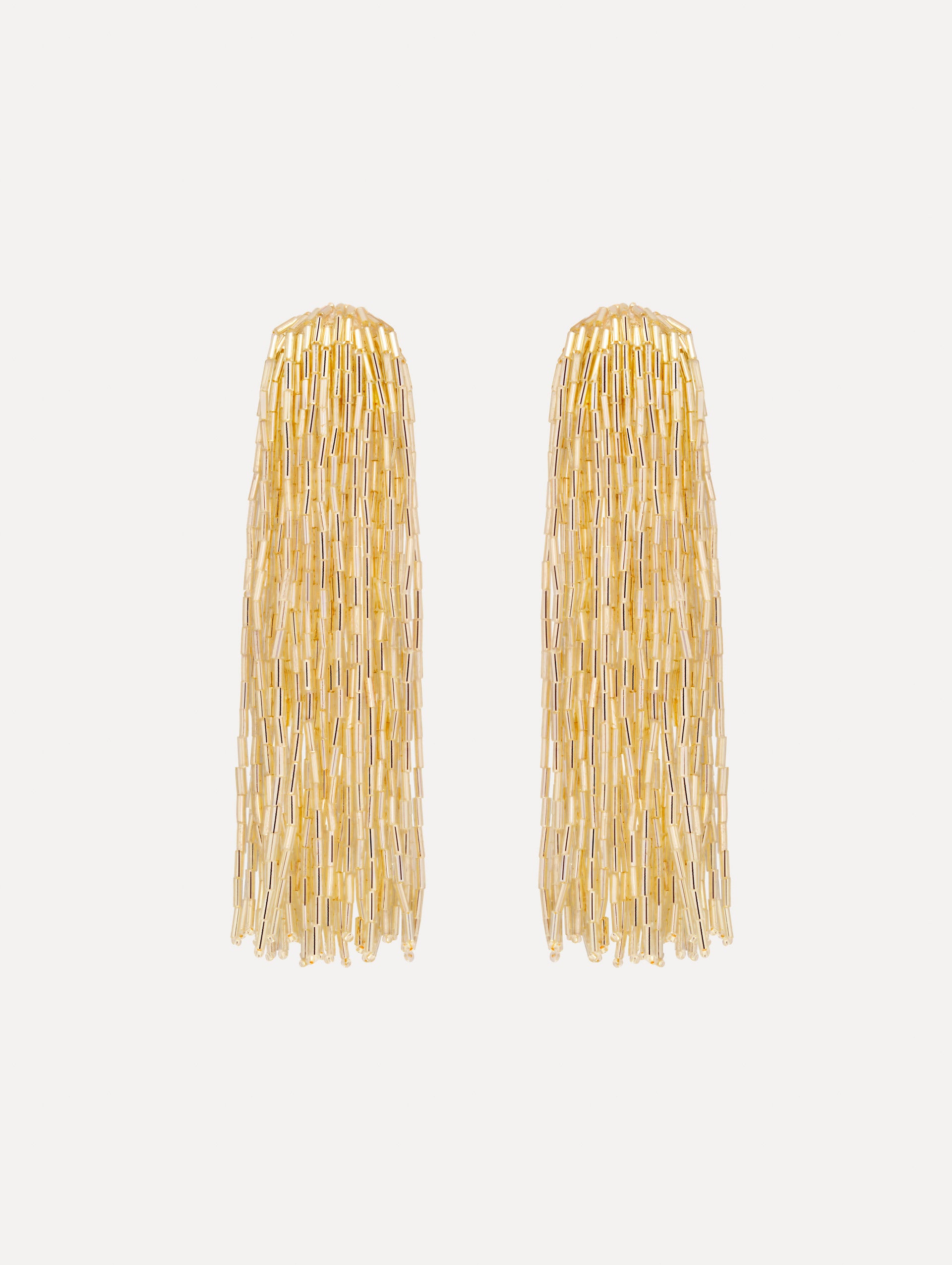 Gold Beaded Tassel Drop Clip-On Earrings. Front View.