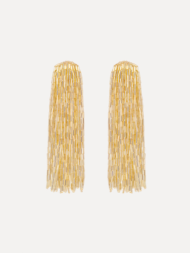 Gold Beaded Tassel Drop Clip-On Earrings. Front View.