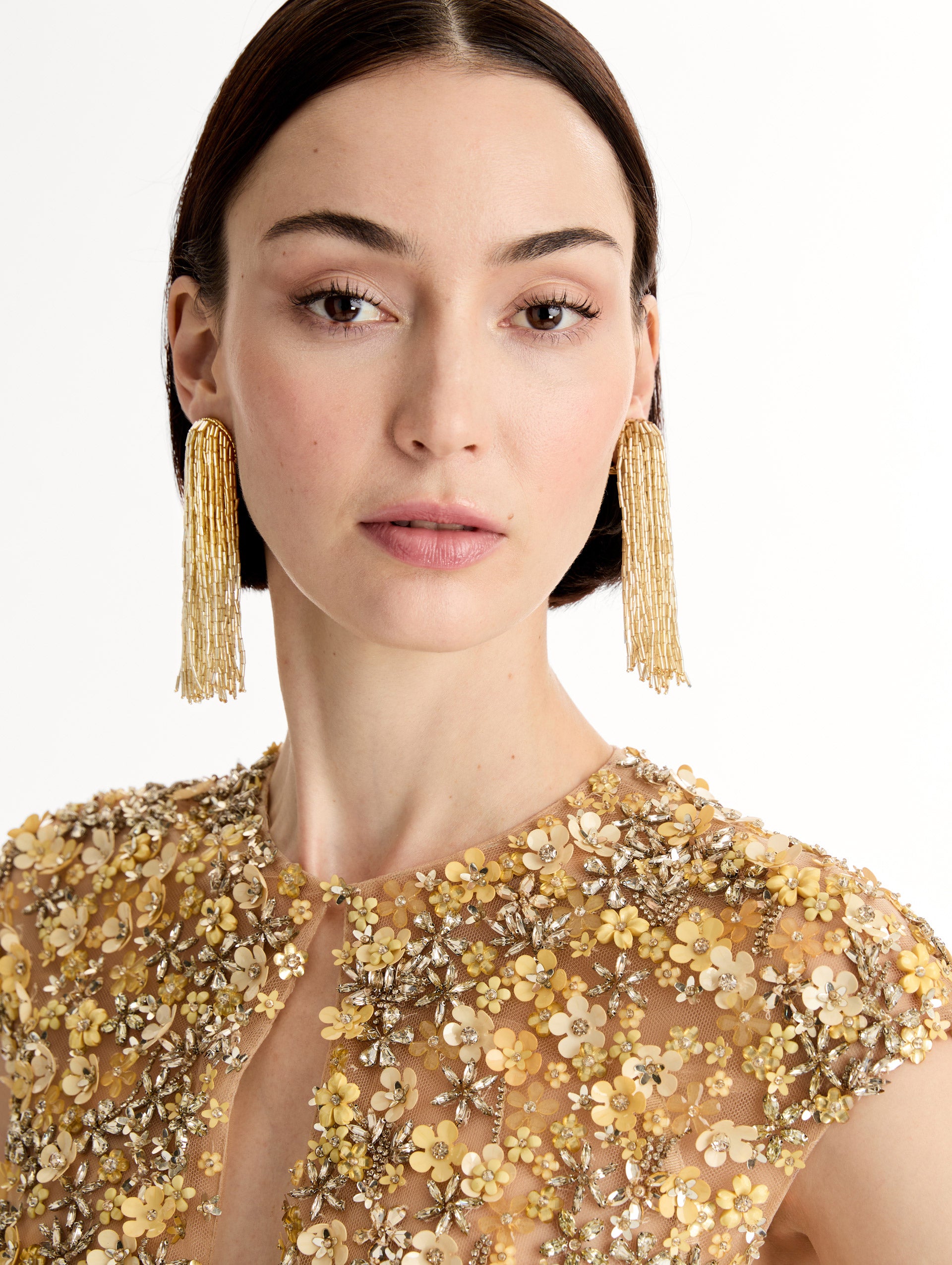 Gold Beaded Tassel Drop Clip-On Earrings. Front View.