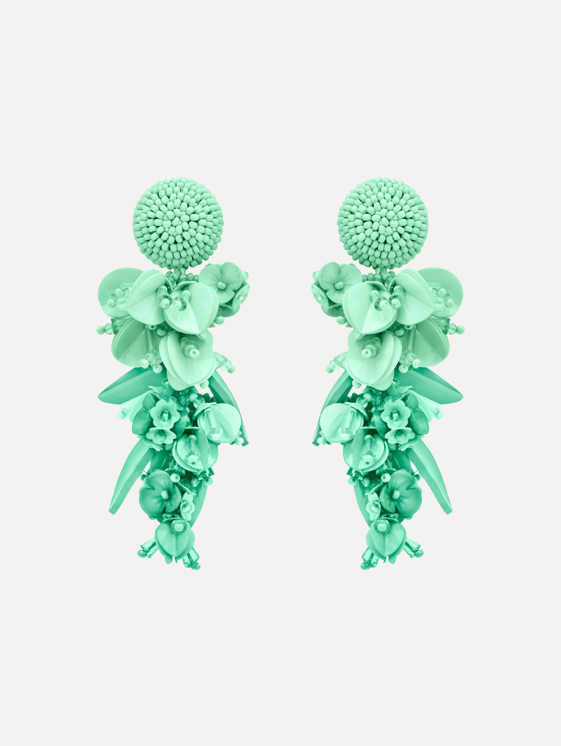 Aqua Cascading Petal Drop Clip-On Earrings featuring a textured domed stud and cascading floral clusters made from layered beads and petals. Front View.